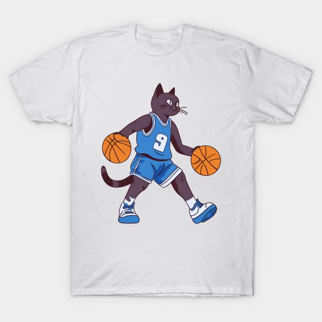 Black Cat Playing Basketball T-Shirt by Millusti